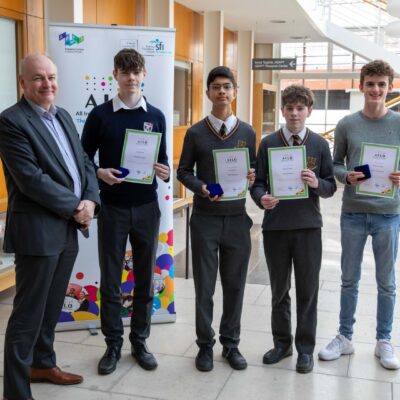 Prof Vincent Wade and the joint team award winners: Eoin Boushel (Belvedere College). Finn Wallace, Hugh O'Connor (CBC Monkstwon) and Cathal Ó hÓbáin (Sutton Park School)